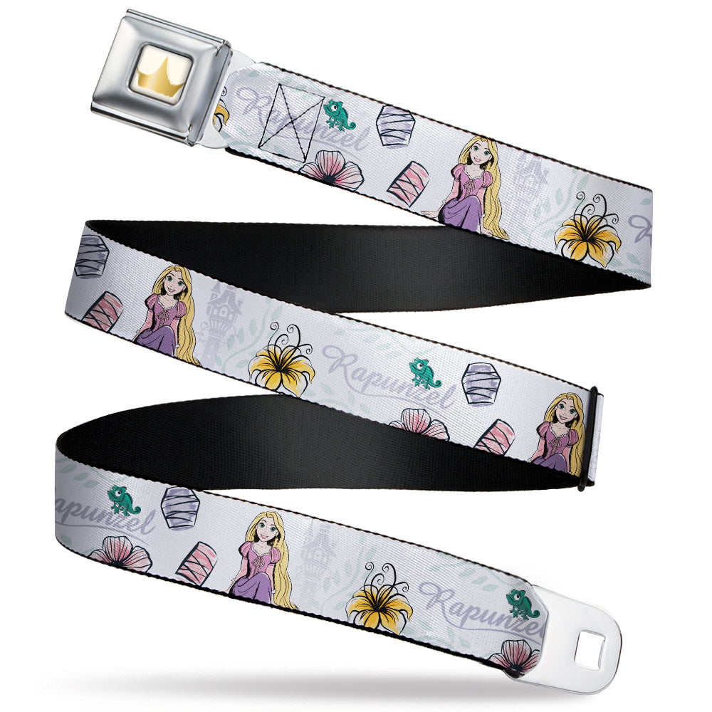 Disney Princess Crown Full Color Golds Seatbelt Belt - Rapunzel Castle and Pascual Pose with Script and Flowers White/Purples Webbing