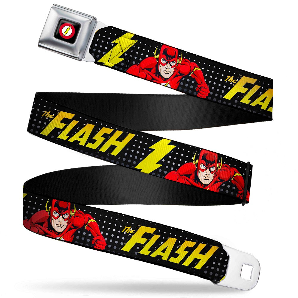 Flash Logo Full Color Black Seatbelt Belt - THE FLASH Running Action Pose/Lightning Bolt Halftone Dots Black/Grays/Yellows Webbing