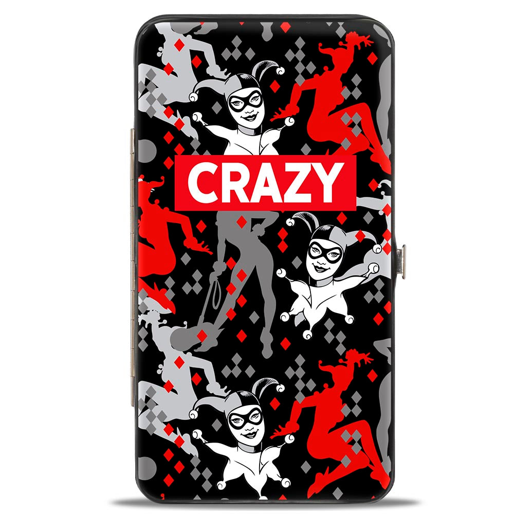 Hinged Wallet - Harley Quinn CRAZY Face Silhouette Poses Diamonds Black Grays Red White