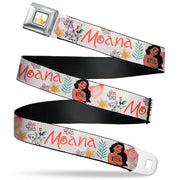 Disney Princess Crown Full Color Golds Seatbelt Belt - Moana with Pua and Hei Hei Sail Pose with Script and Flowers Beige/Orange Webbing