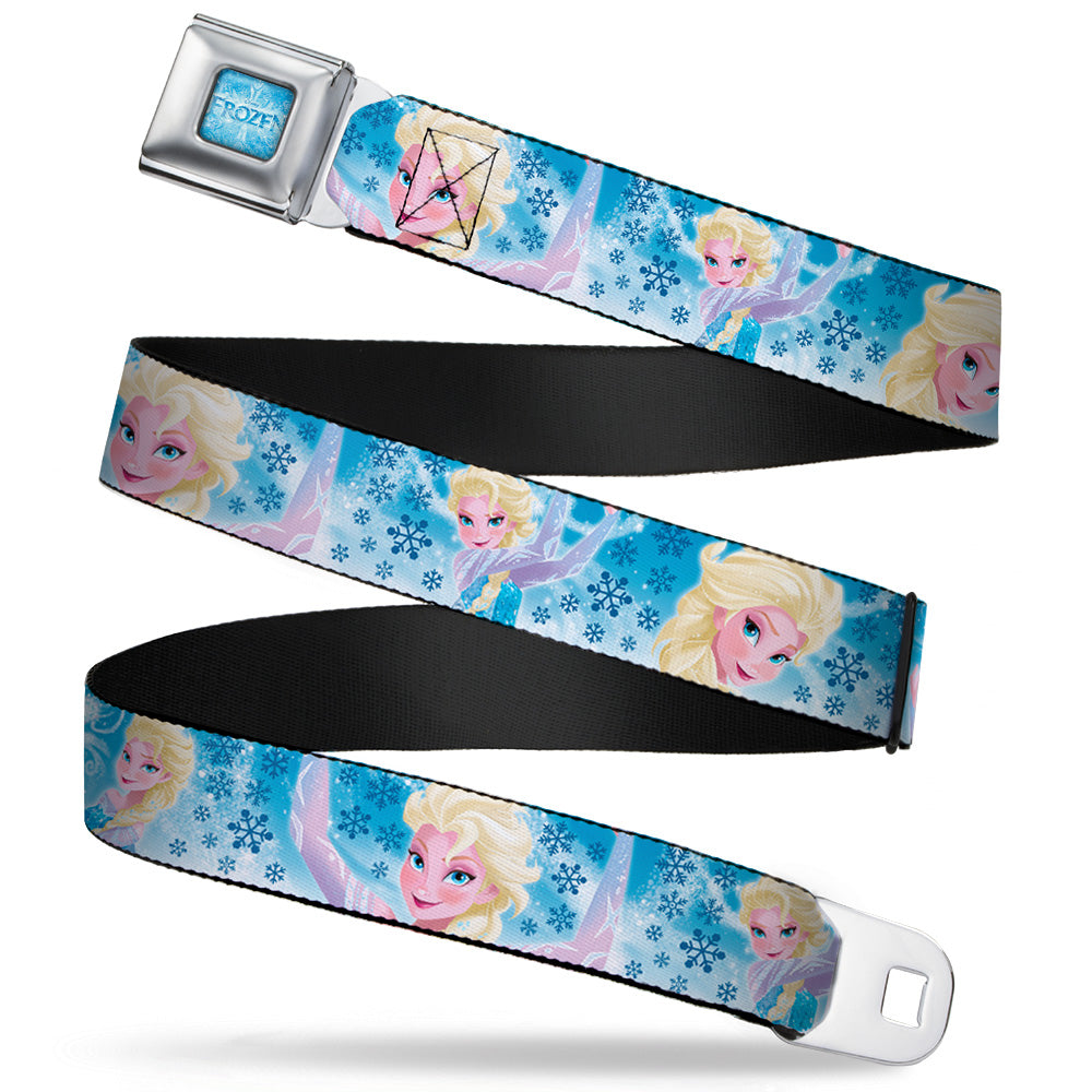 FROZEN Logo Full Color Blues Seatbelt Belt - Frozen Elsa Poses/Snowflake Swirls Blues/White Webbing