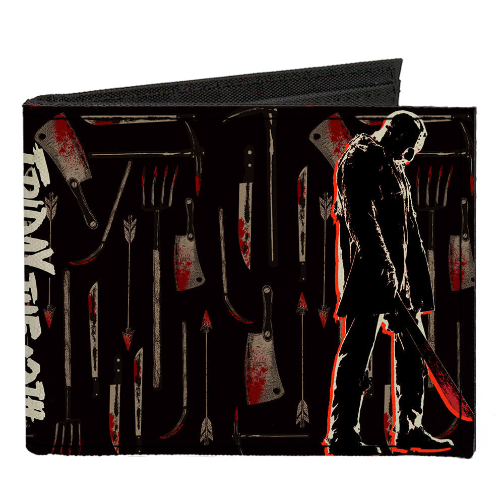 Canvas Bi-Fold Wallet - FRIDAY THE 13TH Jason Machete Pose Bloody Tools Black Grays Reds