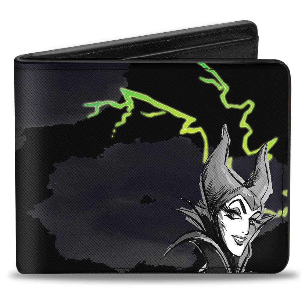 Bi-Fold Wallet - Maleficent Smiling Sketch Lightning Clouds Black Grays Greens