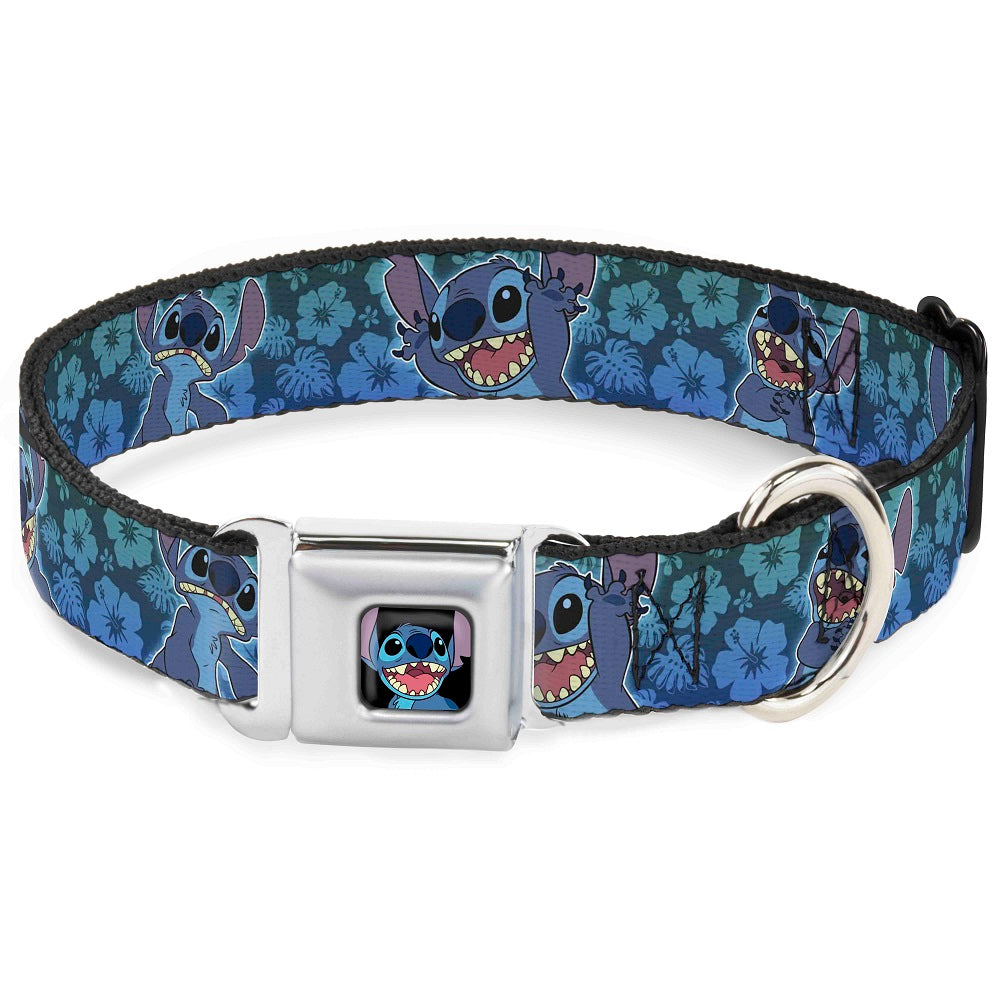 Stitch Smiling CLOSE-UP Full Color Black Seatbelt Buckle Collar - Stitch Expressions/Hibiscus Collage Green-Blue Fade