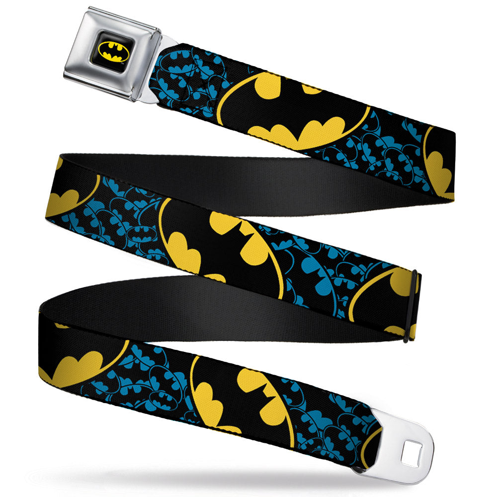 Batman Full Color Black Yellow Seatbelt Belt - Bat Signals Stacked w/CLOSE-UP Blue/Black/Yellow Webbing