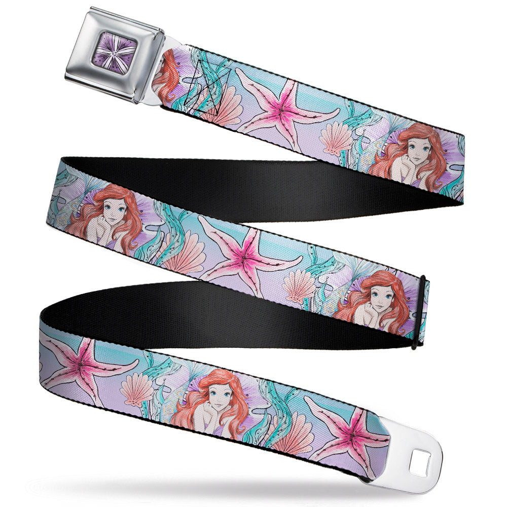 The Little Mermaid Flower Full Color Purples/Black Seatbelt Belt - The Little Mermaid Ariel Sketch4 Pose/Shells/Kelp Blues/Pinks Webbing