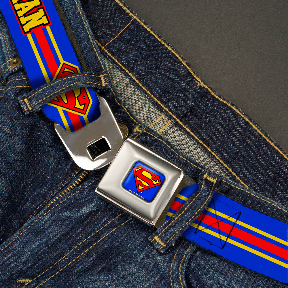 Superman Full Color Blue Seatbelt Belt - SUPERMAN/Shield Stripe Blue/Yellow/Red Webbing