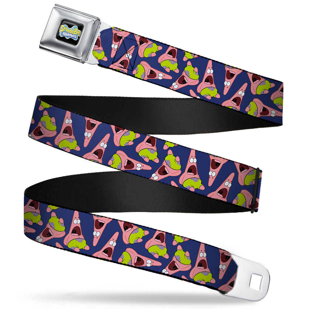 SpongeBob SquarePants Logo Full Color Black Seatbelt Belt - Patrick Starfish Pose Scattered Purple Webbing