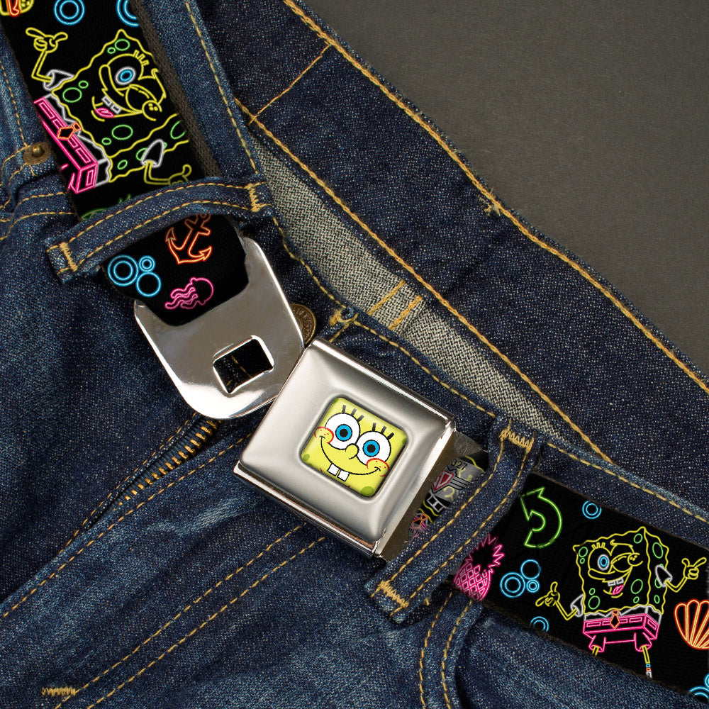 Sponge Bob Face CLOSE-UP Full Color Seatbelt Belt - Electric SpongeBob Poses/Elements Black/Multi Color Webbing