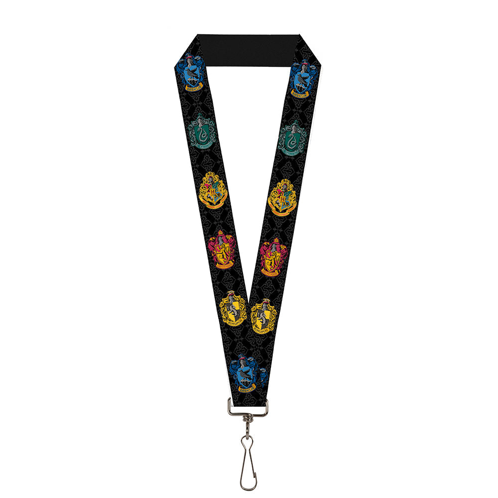 Lanyard - 1.0" - Hogwarts & 4-House Crests Filigree Black Gray