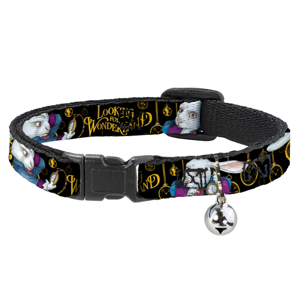 Cat Collar Breakaway - White Rabbit Poses LOOKING FOR WONDERLAND Clocks Black Golds