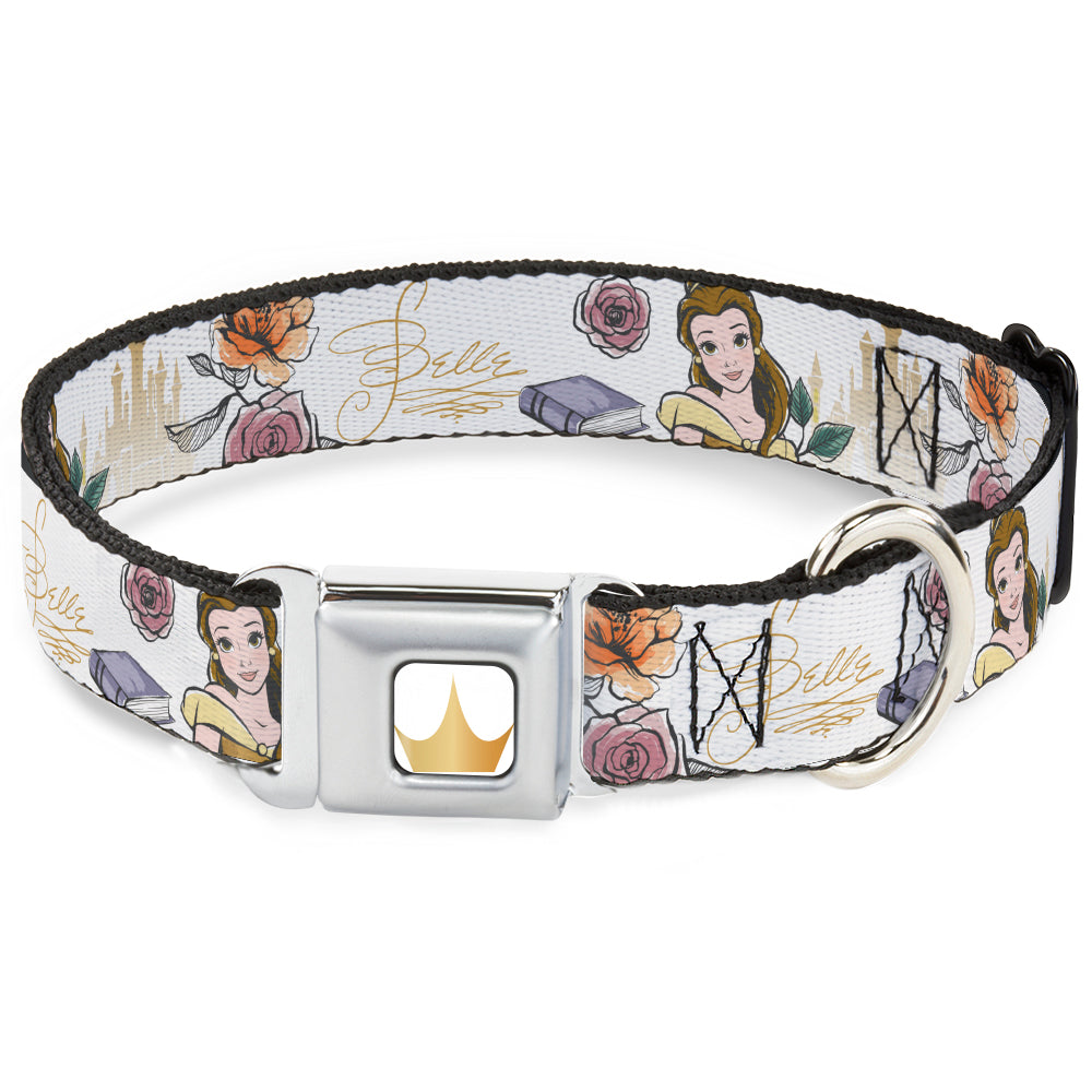 Disney Princess Crown Full Color Golds Seatbelt Buckle Collar - Beauty and the Beast Belle Castle Pose with Script and Flowers White/Yellows