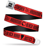 DC BLACK ADAM Title Logo Full Color Black/White Seatbelt Belt - Black Adam JUSTICE SOCIETY Icons and Text Red/Black Webbing