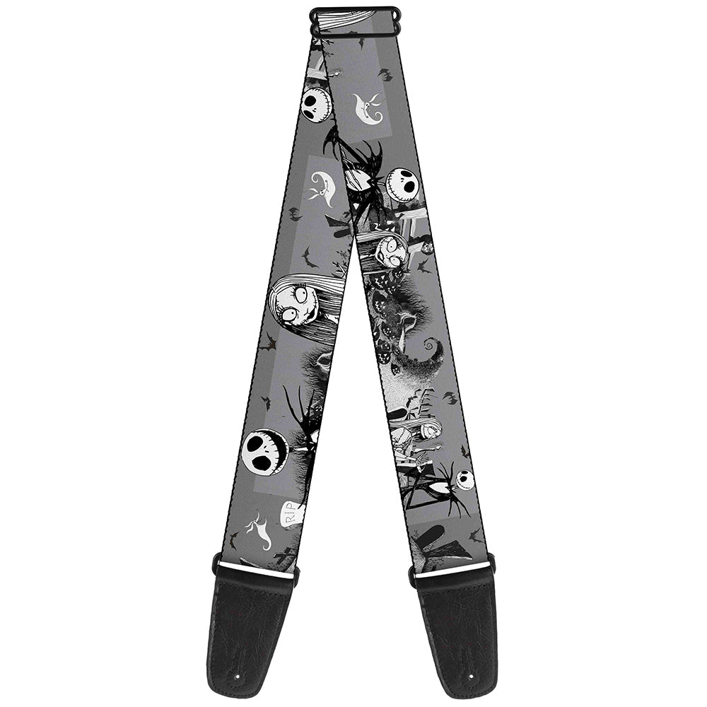 Guitar Strap - Nightmare Before Christmas Jack & Sally Cemetery Scene Gray Black White