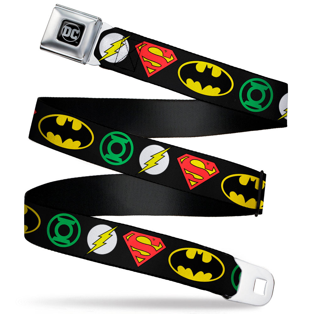 DC Round Logo Black/Silver Seatbelt Belt - Justice League Superhero Logos Webbing