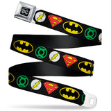 DC Round Logo Black/Silver Seatbelt Belt - Justice League Superhero Logos Webbing