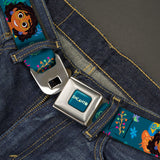 ENCANTO Logo Full Color Turquoise Seatbelt Belt - Encanto Mirabel Poses and Nature Collage Turquoise Webbing