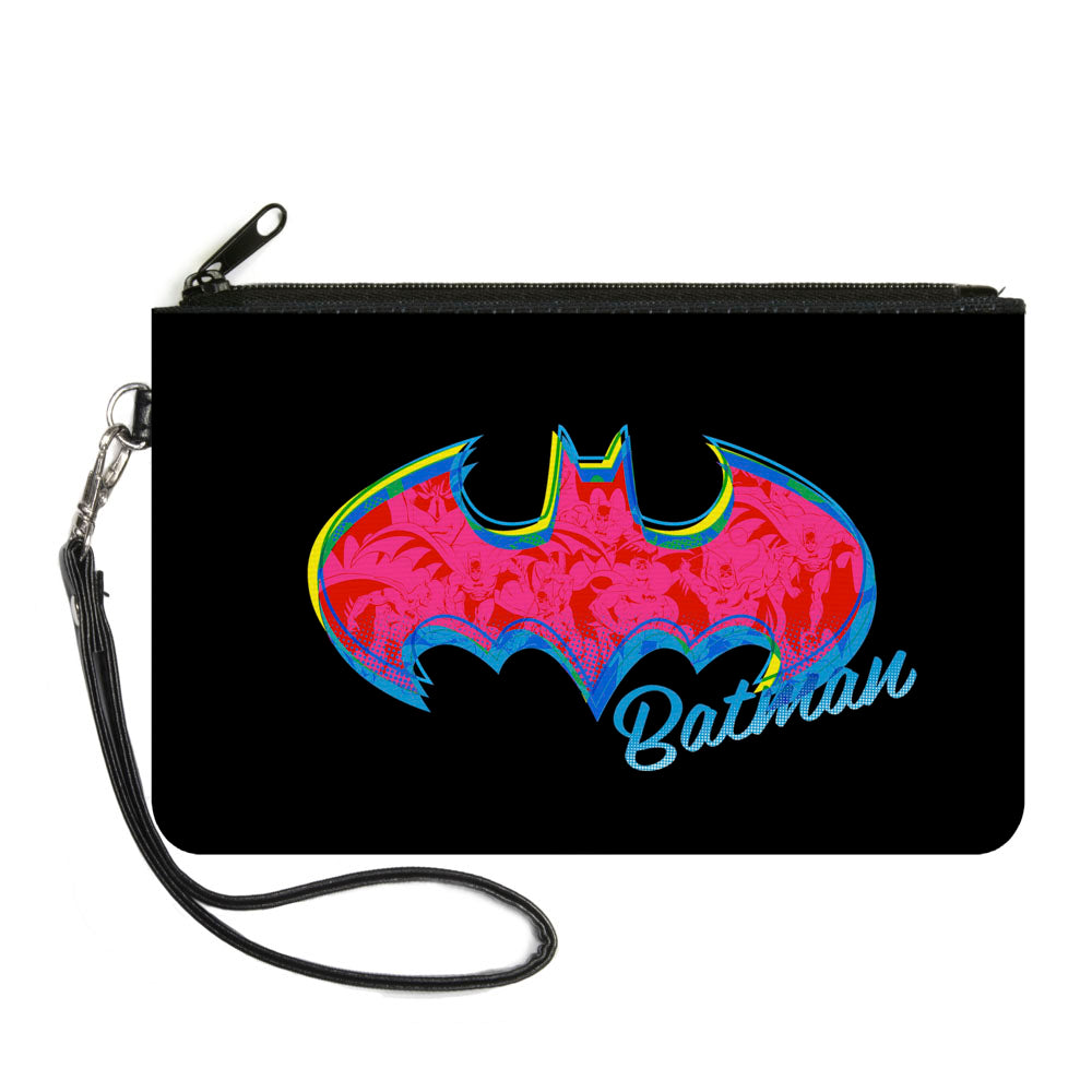 Canvas Zipper Wallet - LARGE - BATMAN Icon Batman Pose Fill Black Yellows Blues Pinks