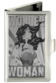 Business Card Holder - SMALL - WONDER WOMAN Pose Stars & Rays Brushed Silver