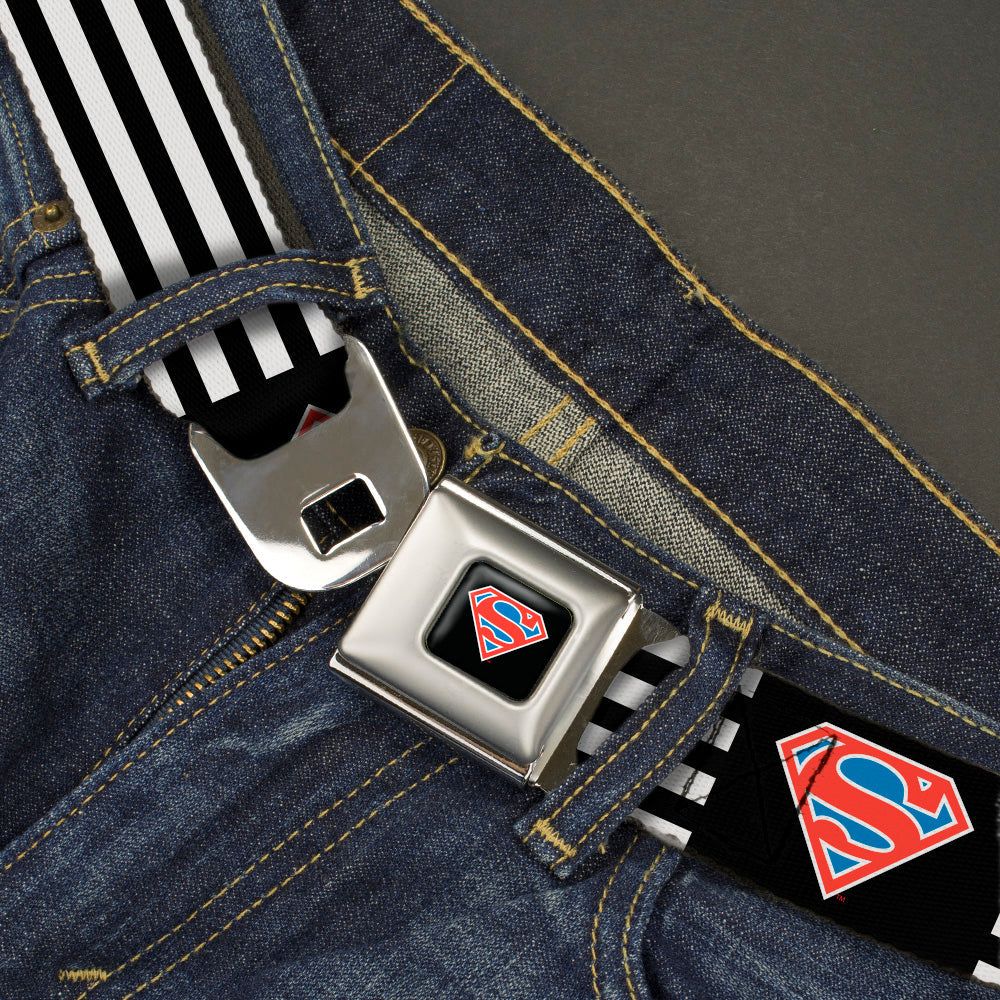 Superman Shield Full Color Black/White/Red/Blue Seatbelt Belt - Superman Shield Flip Americana Stripes Black/White/Red/Blue Webbing