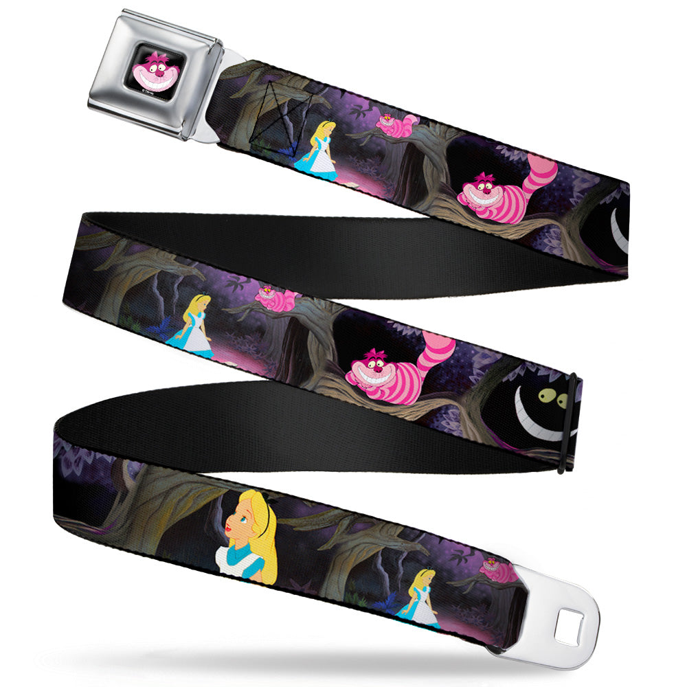 Cheshire Cat Face Full Color Black Seatbelt Belt - Alice & the Cheshire Cat Scenes Webbing