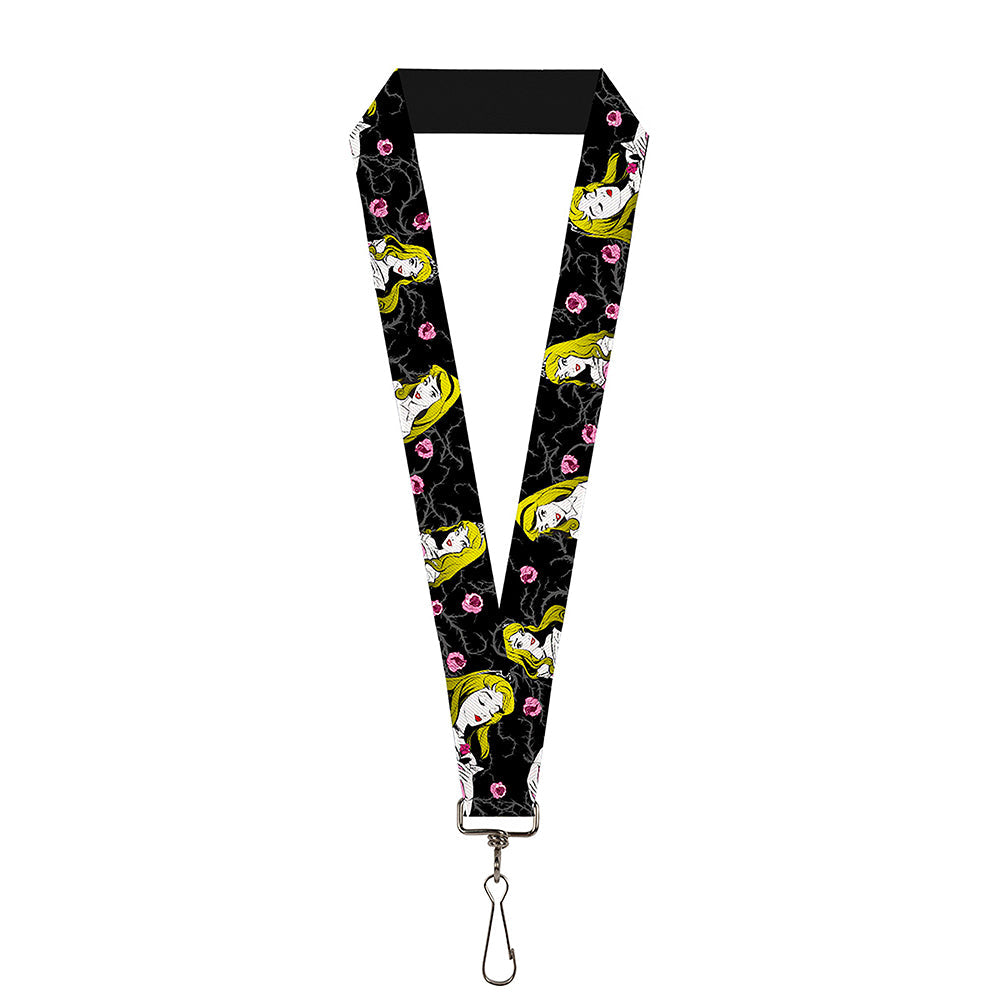 Lanyard - 1.0" - Sleeping Beauty Heart of Darkness Poses Roses Black Gray Pinks