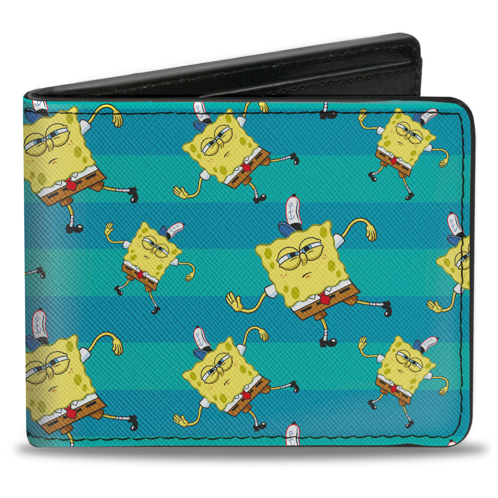 Bi-Fold Wallet - SpongeBob Dancing Pose Scattered Stripe Teal Blues