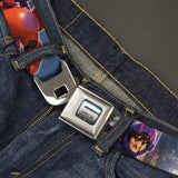 Big Hero "6" Name Blocks Full Color Black Gray White Seatbelt Belt - Hiro & Baymax Action Poses/San Fransokyo Webbing