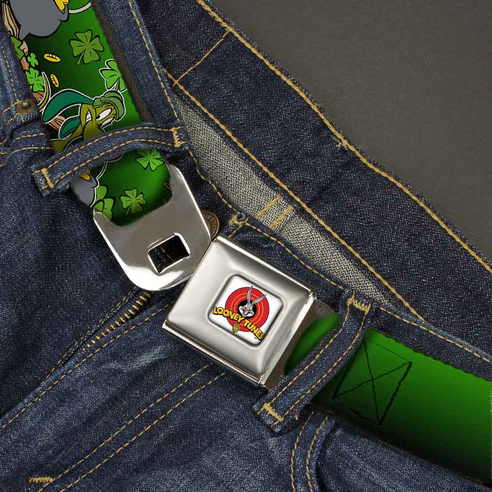 Looney Tunes Logo Full Color White Seatbelt Belt - Marvin the Martian & K-9 Poses/Clovers Greens Webbing