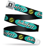 Star Wars The Book of Boba Fett Helmet Icon Full Color Black/White Seatbelt Belt - Star Wars The Book of Boba Fett BOBA FETT Script and Mandalorian Icon Black/Turquoise/Yellow Webbing