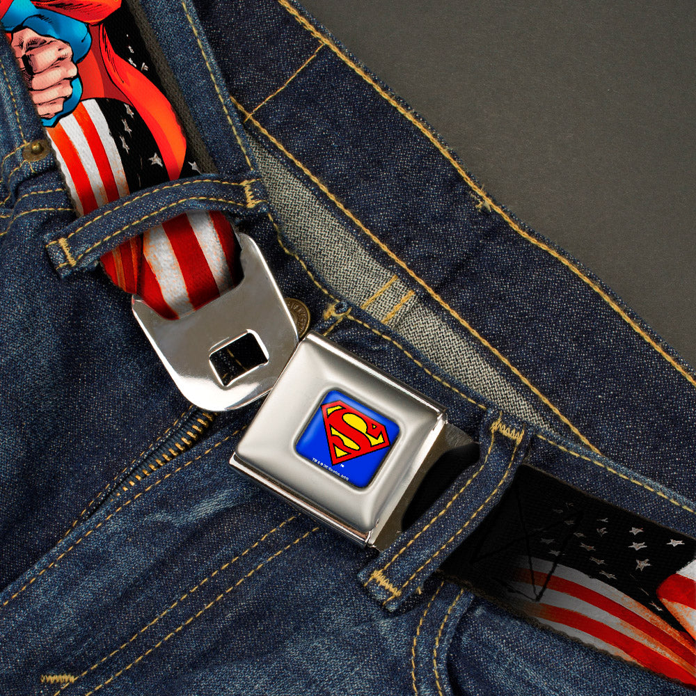 Superman Full Color Blue Seatbelt Belt - Superman Poses/American Flag Webbing