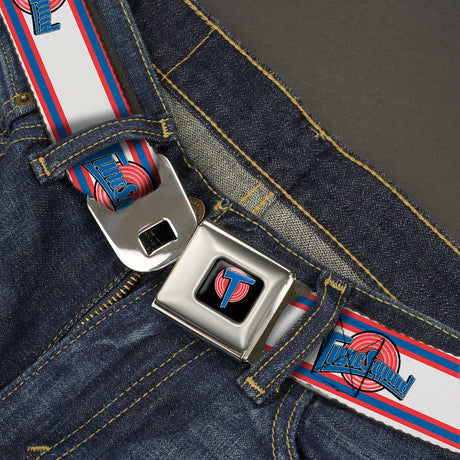 Space Jam Tune Squad Icon Full Color Black/Red/Blue Seatbelt Belt - Space Jam TUNE SQUAD Logo Stripe White/Red/Blue Webbing