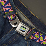 SpongeBob SquarePants Logo Full Color Black Seatbelt Belt - Patrick Starfish Pose Scattered Purple Webbing