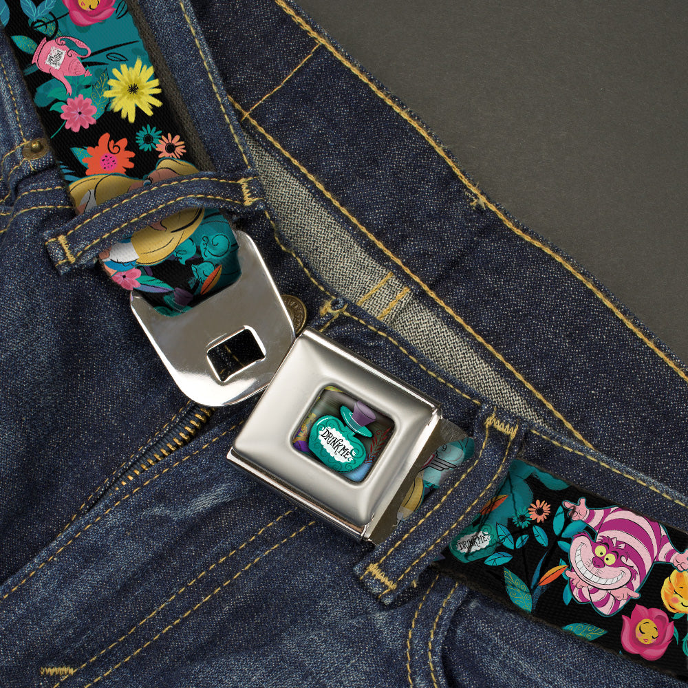 Alice in Wonderland DRINK ME Bottle Full Color Seatbelt Belt - Alice/Cheshire Cat/Flowers Poses Black/Multi Color Webbing