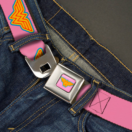 Wonder Woman Logo Full Color Pink Blue Yellow Pink Seatbelt Belt - Wonder Woman Logo Pink/Blue/Yellow/Pink Webbing