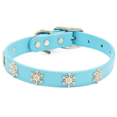 Vegan Leather Dog Collar - Frozen 2 Light Blue PU w Snowflake Embellishments & Metal Charm