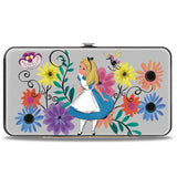 Hinged Wallet - Alice Pose Cheshire Cat Face Flowers of Wonderland + Flower Trio Gray Multi Color