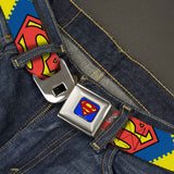 Superman Full Color Blue Seatbelt Belt - Jagged Superman Shield CLOSE-UP Yellow/Blue/Red Webbing