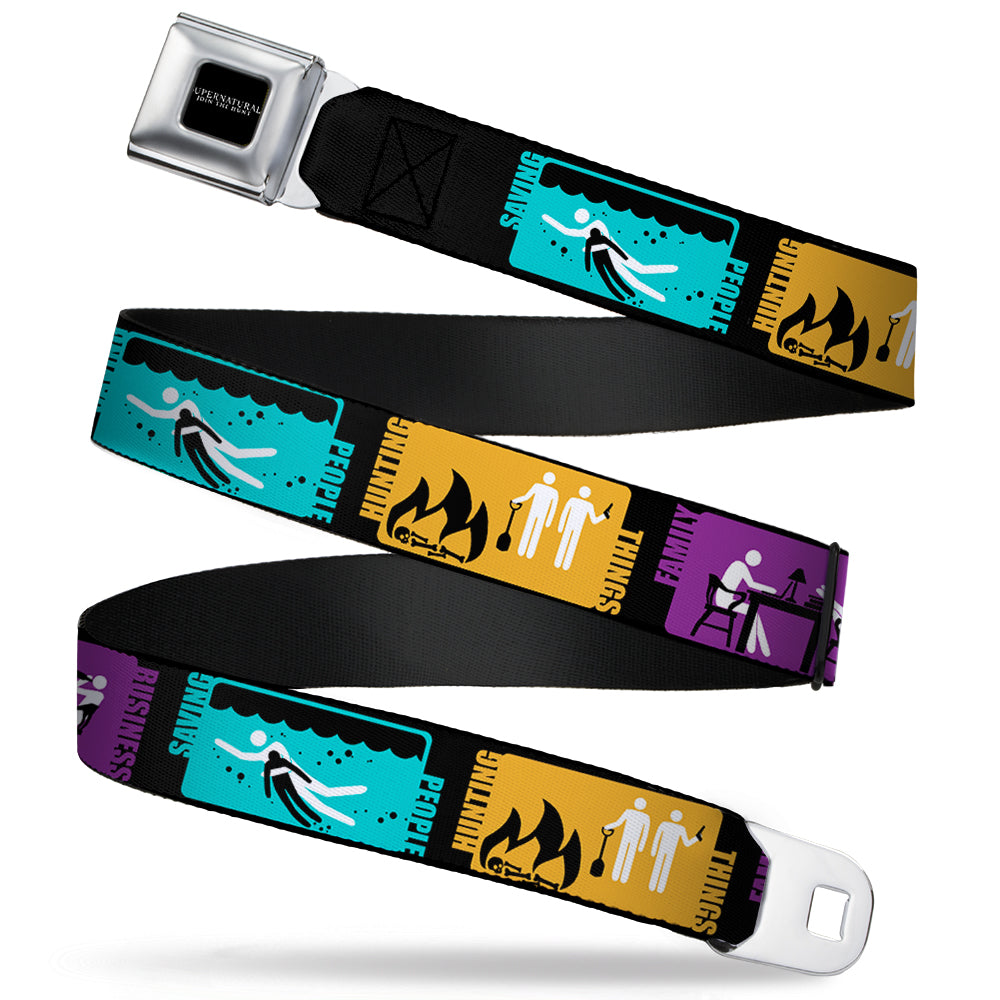 SUPERNATURAL-JOIN THE HUNT Full Color Black White Seatbelt Belt - Supernatural SAVING PEOPLE-HUNTING THINGS-FAMILY BUSINESS Blocks Black/Teal/Gold/Purple/White Webbing