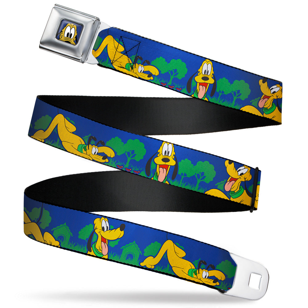 Pluto Face CLOSE-UP Blue Seatbelt Belt - Pluto 4-Poses/Landscape Blue/Green Webbing