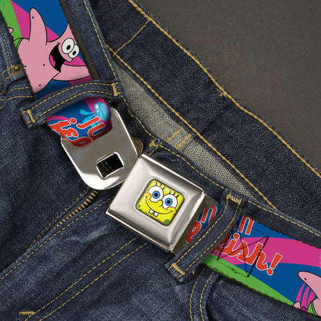 Sponge Bob Face CLOSE-UP Full Color Seatbelt Belt - Nerd SpongeBob & Patrick Starfish Running JUMPIN' JELLYFISH! Multi Color/Red Webbing