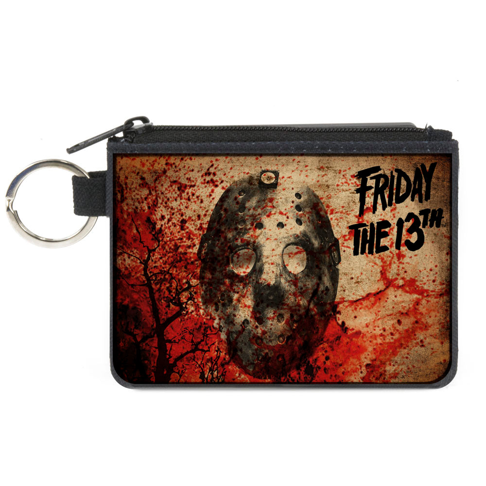 Canvas Zipper Wallet - MINI X-SMALL - FRIDAY THE 13th Jason Mask Trees Tans Blood Splatter Black