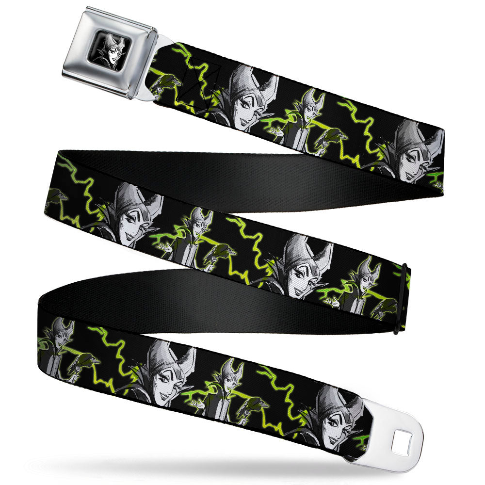 Maleficent Smiling Sketch Full Color Black Grays Seatbelt Belt - Maleficent Smiling/Diablo Sketch/Lightning Black/Grays/Greens Webbing