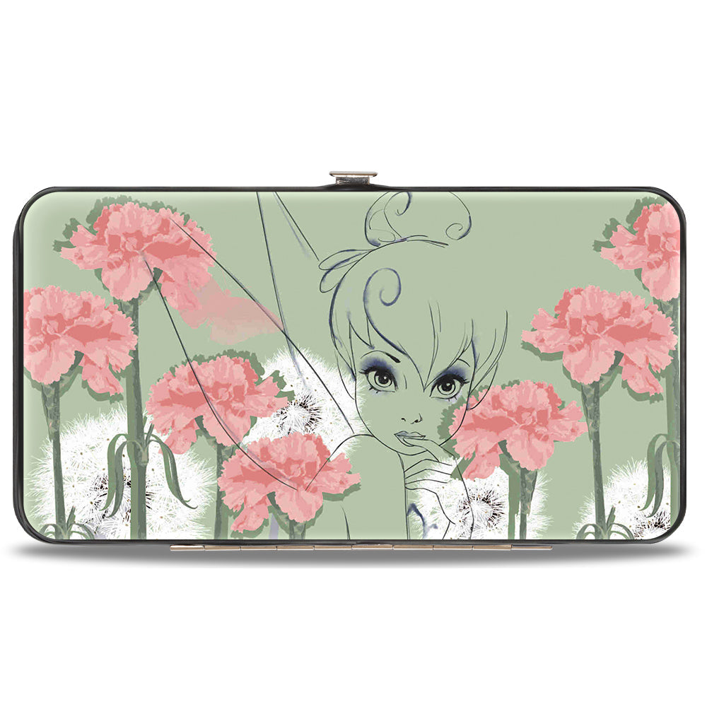 Hinged Wallet - Tinker Bell Sketch Carnations Dandelions Sage Greens Pinks White