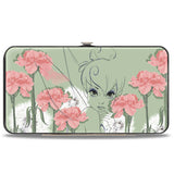 Hinged Wallet - Tinker Bell Sketch Carnations Dandelions Sage Greens Pinks White