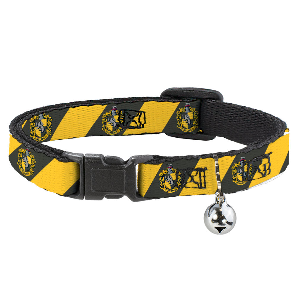 Cat Collar Breakaway with Bell - HUFFLEPUFF Crest Diagonal Stripe Charcoal Gray/Yellow