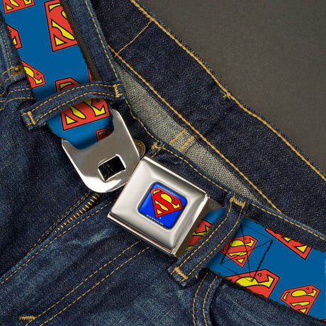 Superman Full Color Blue Seatbelt Belt - Super Shield Diagonal Royal Blue/Red Webbing