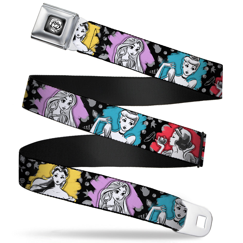 Princess Rose Full Color Grays White Black Seatbelt Belt - Princess Sketch Poses/Typography Black/Grays/Multi Color Webbing