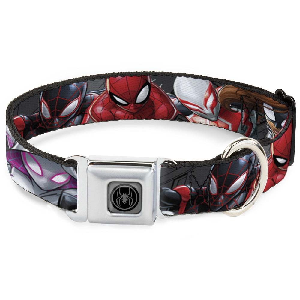 Spider Icon Silver/Black Seatbelt Buckle Collar - 6-Spider Hero Action Poses Grays