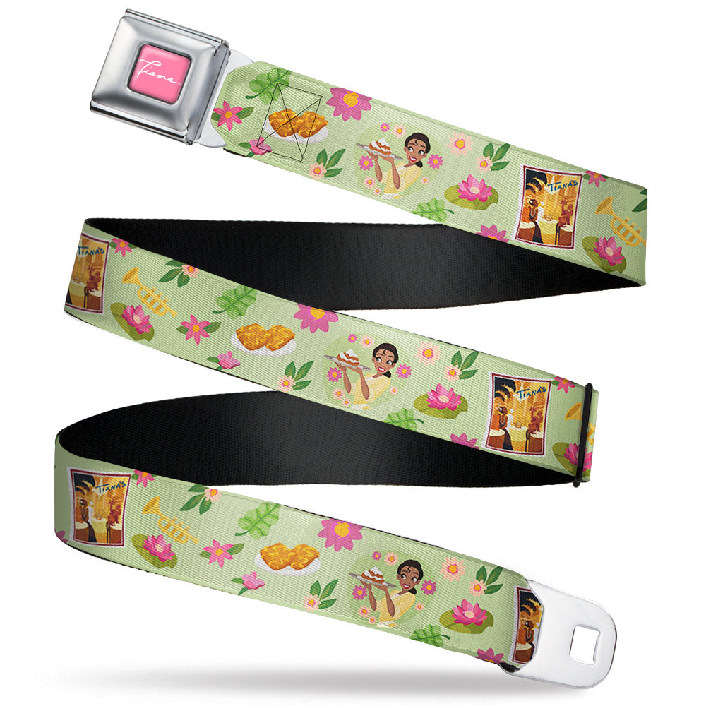 The Princess and the Frog TIANA Script Full Color Pink/White Seatbelt Belt - The Princess and the Frog Tiana's Place Collage Greens/Pinks Webbing